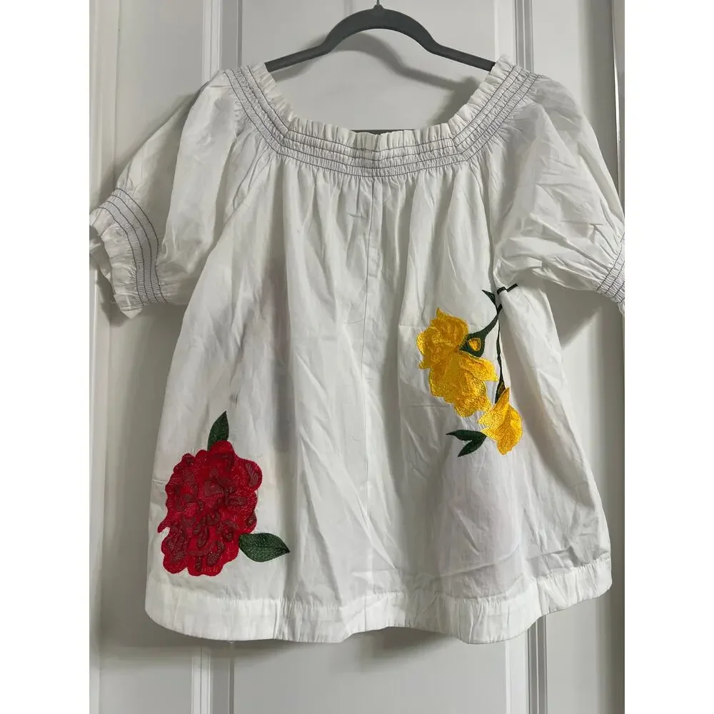 By Anthropologie Puff-Sleeve Tie-Front Embroidered Blouse | Size M